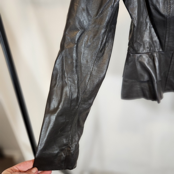 Blanc Nior Black Leather Ruffle Trim Jacket Sz Medium - Picture 4 of 11